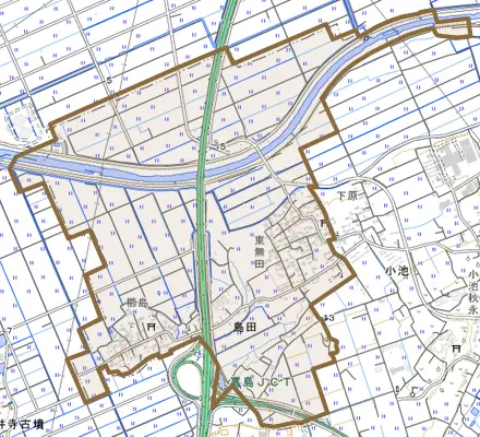 大字島田とその周辺の地図。町の範囲を重ねている