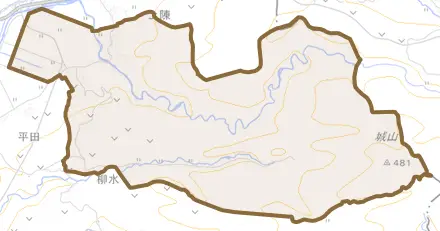 大字下陳とその周辺の地図。町の範囲を重ねている