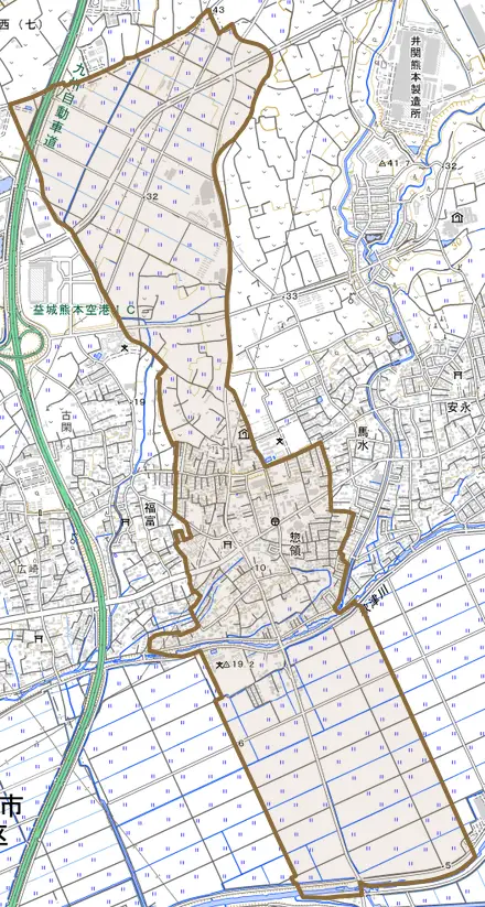 大字惣領とその周辺の地図。町の範囲を重ねている