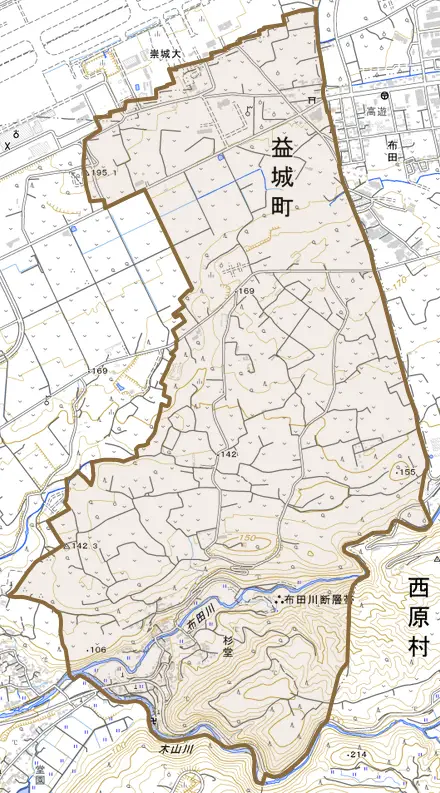 大字杉堂とその周辺の地図。町の範囲を重ねている