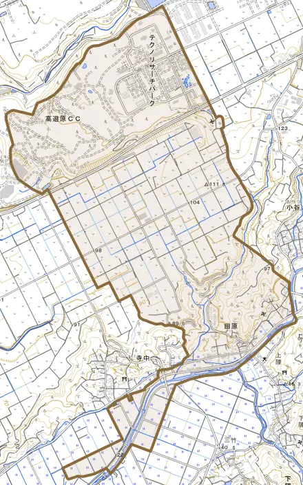 大字田原とその周辺の地図。町の範囲を重ねている
