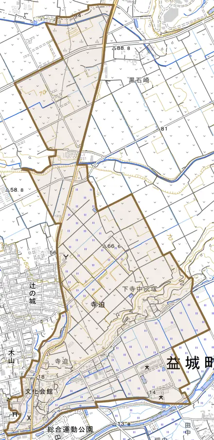 大字寺迫とその周辺の地図。町の範囲を重ねている