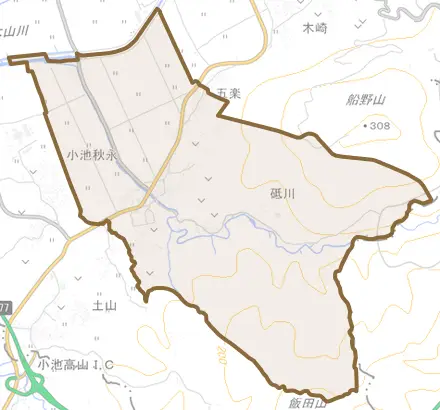 大字砥川とその周辺の地図。町の範囲を重ねている
