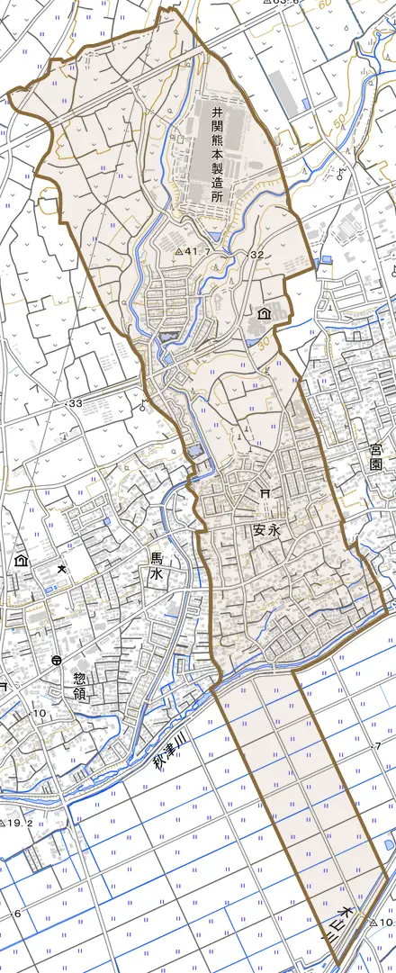 大字安永とその周辺の地図。町の範囲を重ねている