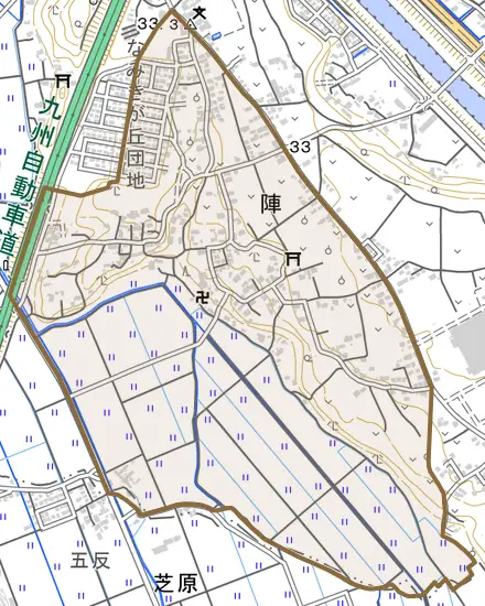 大字陣とその周辺の地図。町の範囲を重ねている