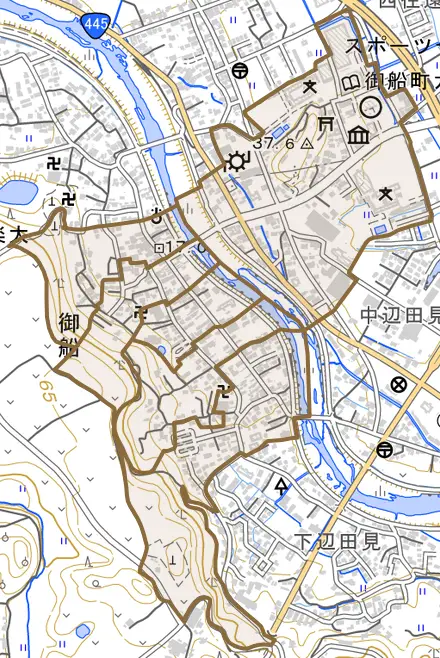 大字御船とその周辺の地図。町の範囲を重ねている