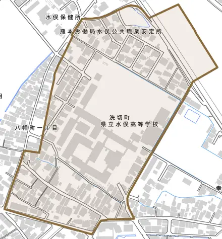洗切町とその周辺の地図。町の範囲を重ねている