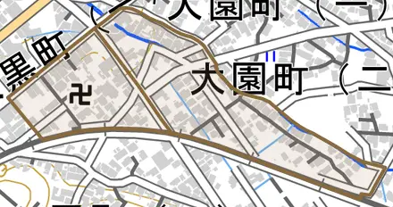 旭町とその周辺の地図。町の範囲を重ねている