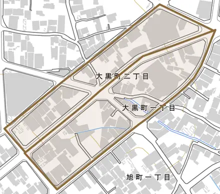 大黒町とその周辺の地図。町の範囲を重ねている