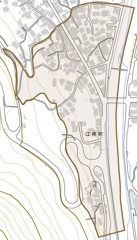 江南町とその周辺の地図。町の範囲を重ねている
