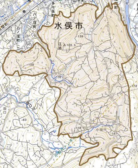 江添とその周辺の地図。町の範囲を重ねている