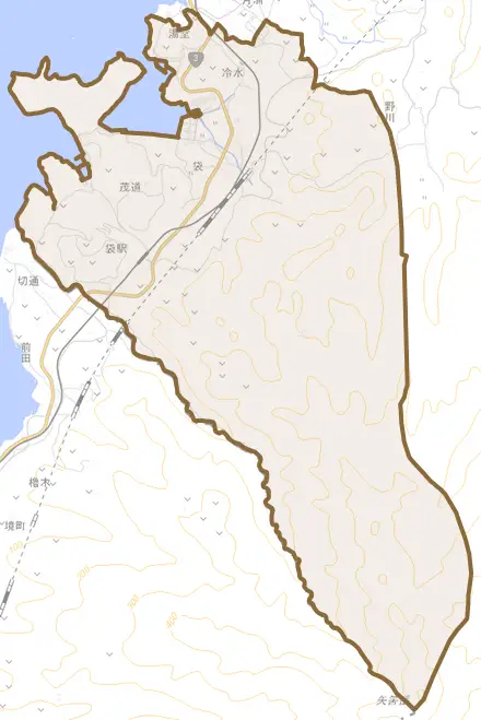 袋とその周辺の地図。町の範囲を重ねている