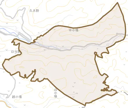 古里とその周辺の地図。町の範囲を重ねている