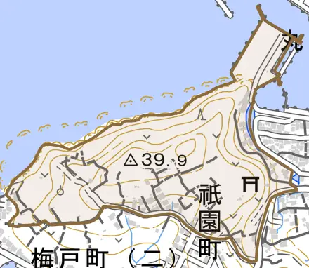 祇園町とその周辺の地図。町の範囲を重ねている