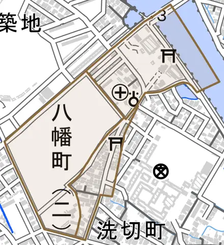 八幡町とその周辺の地図。町の範囲を重ねている
