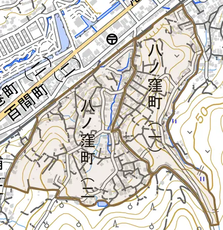 八ノ窪町とその周辺の地図。町の範囲を重ねている