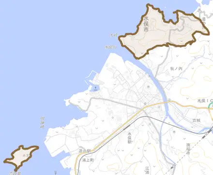 浜とその周辺の地図。町の範囲を重ねている