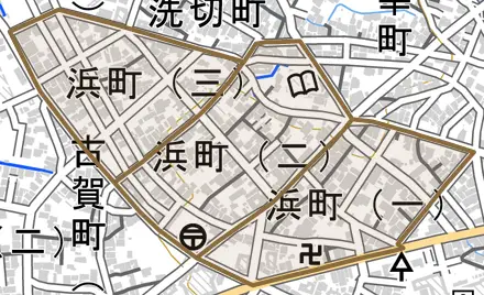 浜町とその周辺の地図。町の範囲を重ねている