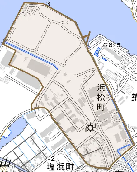 浜松町とその周辺の地図。町の範囲を重ねている