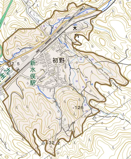 初野とその周辺の地図。町の範囲を重ねている