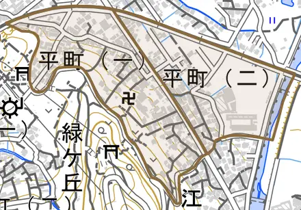 平町とその周辺の地図。町の範囲を重ねている