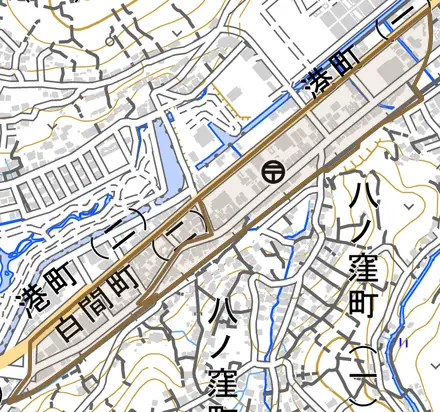 百間町とその周辺の地図。町の範囲を重ねている