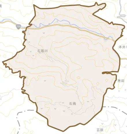 石坂川とその周辺の地図。町の範囲を重ねている