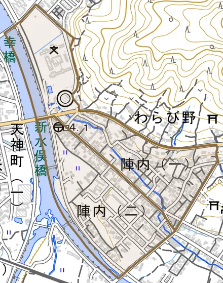 陣内とその周辺の地図。町の範囲を重ねている