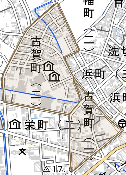古賀町とその周辺の地図。町の範囲を重ねている