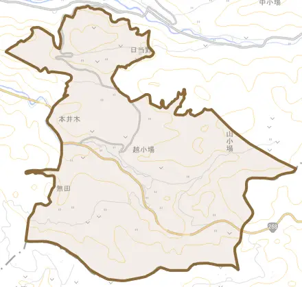 越小場とその周辺の地図。町の範囲を重ねている
