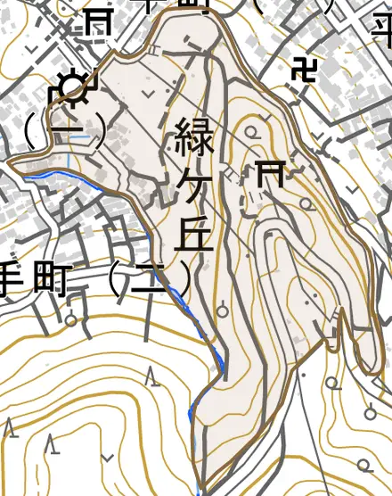 緑ヶ丘とその周辺の地図。町の範囲を重ねている