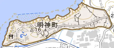 明神町とその周辺の地図。町の範囲を重ねている