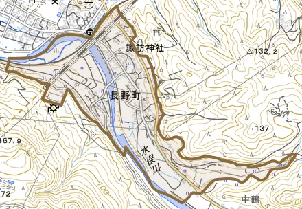 長野町とその周辺の地図。町の範囲を重ねている