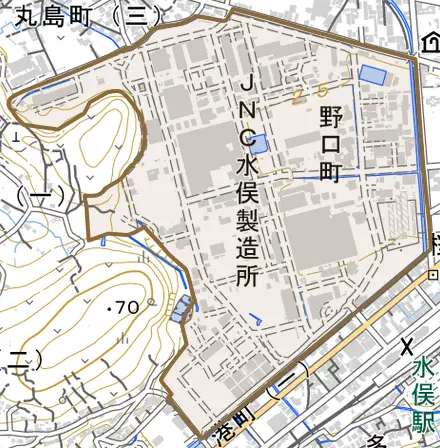野口町とその周辺の地図。町の範囲を重ねている