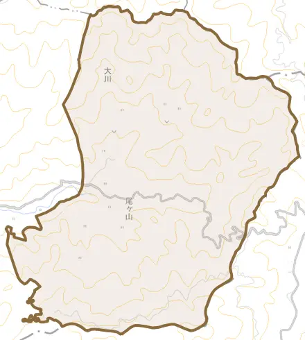 大川とその周辺の地図。町の範囲を重ねている