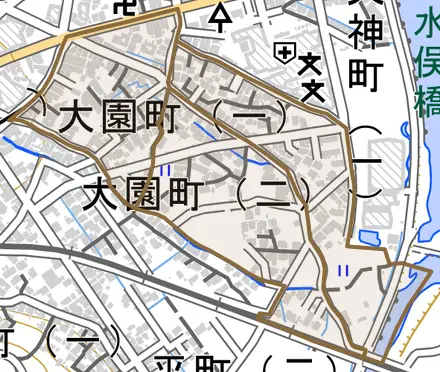 大園町とその周辺の地図。町の範囲を重ねている