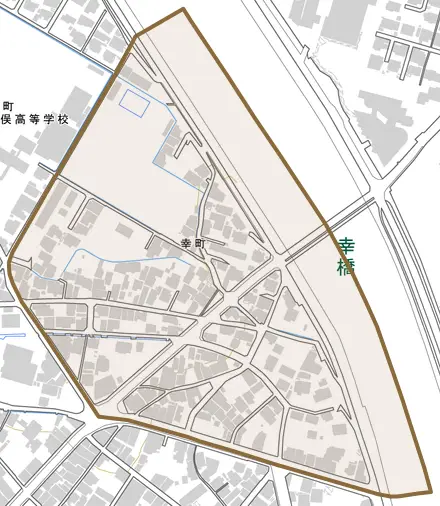 幸町とその周辺の地図。町の範囲を重ねている
