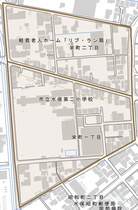 栄町とその周辺の地図。町の範囲を重ねている