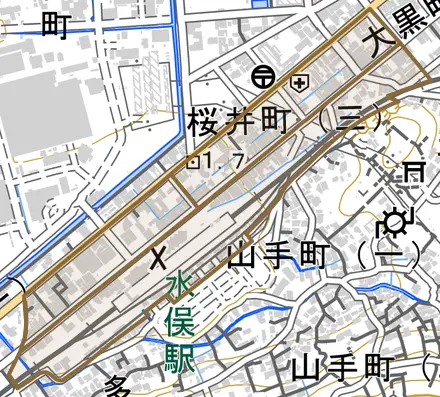 桜井町とその周辺の地図。町の範囲を重ねている
