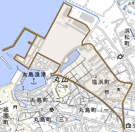 塩浜町とその周辺の地図。町の範囲を重ねている