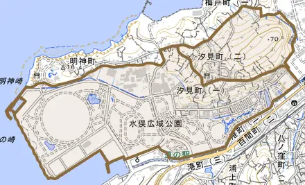 汐見町とその周辺の地図。町の範囲を重ねている