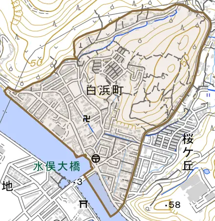 白浜町とその周辺の地図。町の範囲を重ねている