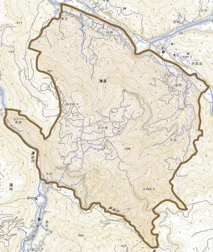 薄原とその周辺の地図。町の範囲を重ねている