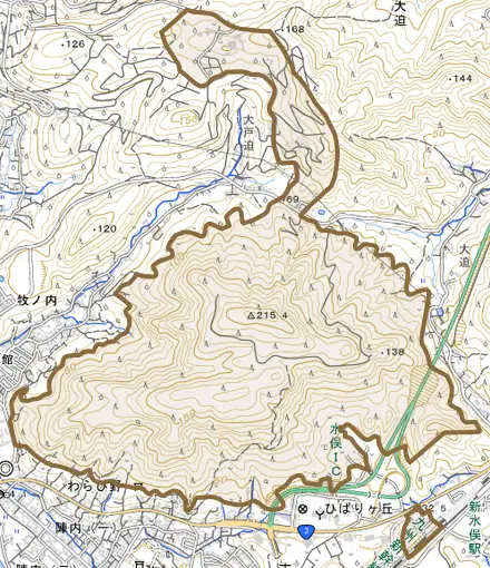 陳内とその周辺の地図。町の範囲を重ねている