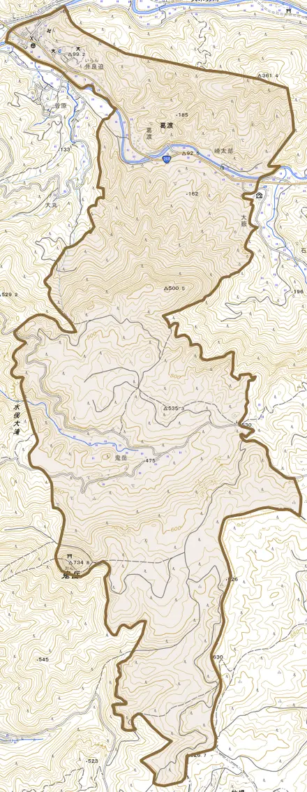 葛渡とその周辺の地図。町の範囲を重ねている