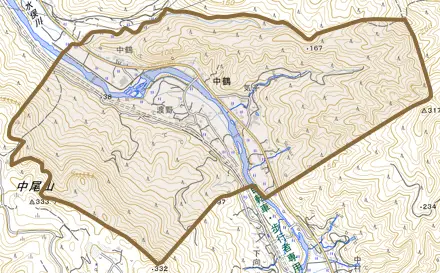 中鶴とその周辺の地図。町の範囲を重ねている
