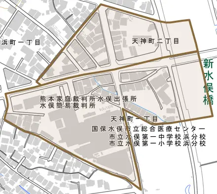 天神町とその周辺の地図。町の範囲を重ねている