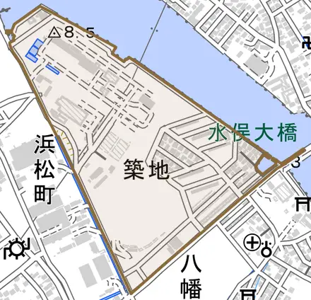 築地とその周辺の地図。町の範囲を重ねている
