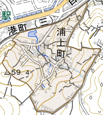 浦上町とその周辺の地図。町の範囲を重ねている