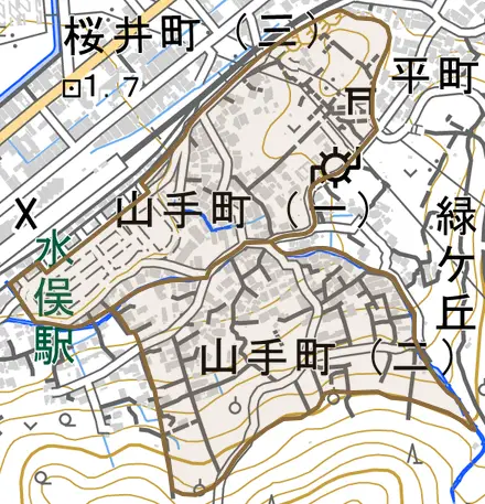 山手町とその周辺の地図。町の範囲を重ねている